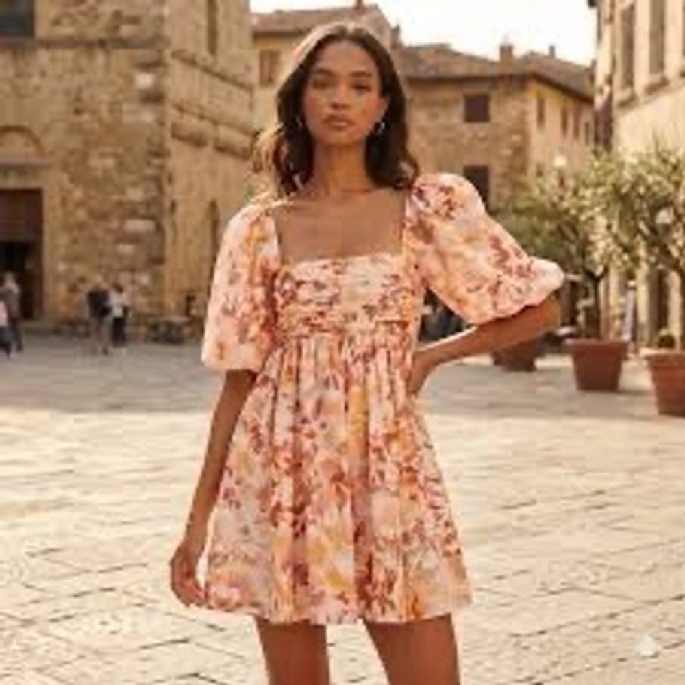 Abercrombie & Fitch Floral Puff Sleeve Pleated Mini Dress Orange Pink size XS - Picture 10 of 14